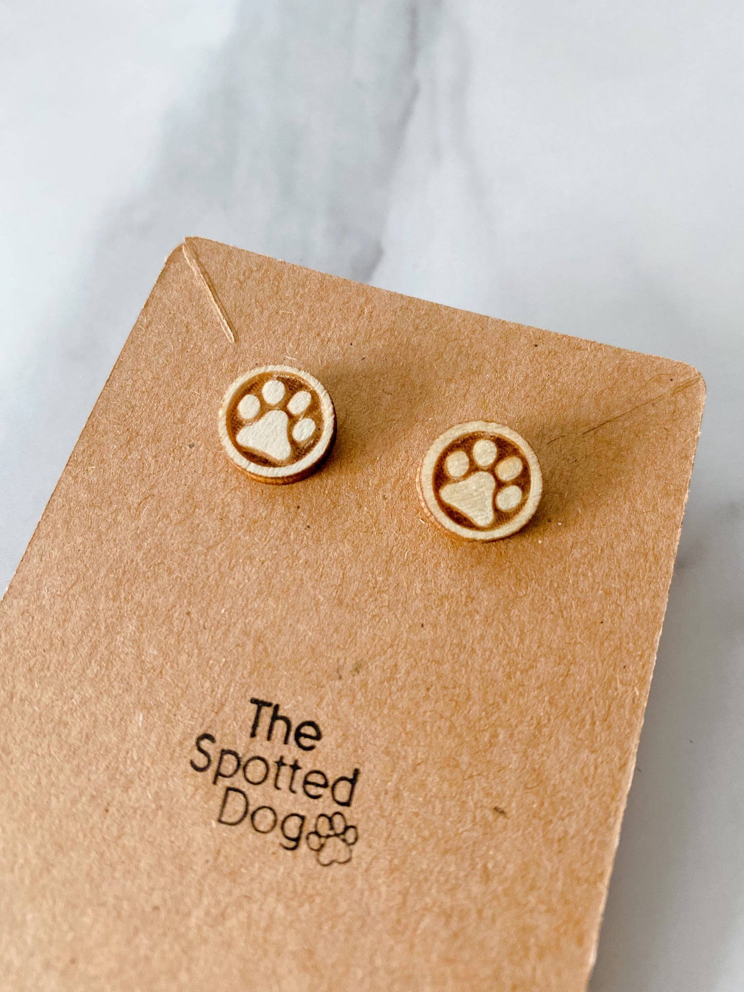 Wood paw print stud earring